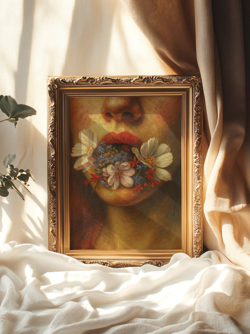 Renaissance style fine art print featuring a woman's lower face with parted coral lips from which delicate white cosmos flowers and botanical elements emerge, painted in warm amber and golden tones with classical oil painting technique, perfect for dark academia gothic home decor and vintage botanical wall art collections.